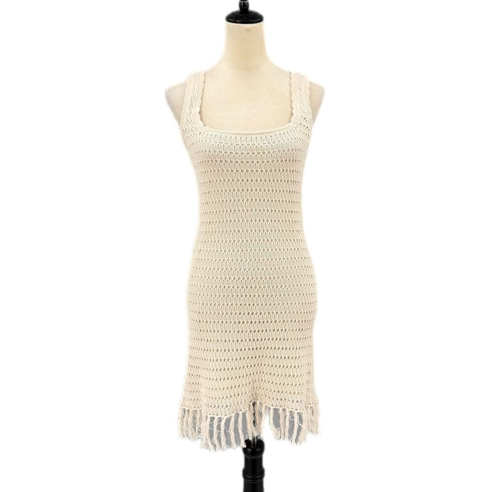 GB Gianni Bini NWT Cream Natural Crochet Sleeveless Fringe Boho Beach Mini Dress
